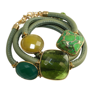 Olive Green Italian Wrap Leather Bracelet With Green Onyx, Chalcedony, Peridot Quartz & Turquoise - DIDAJ