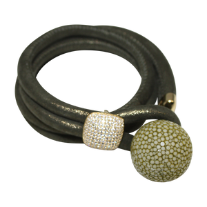 Olive Green Shimmer Italian Wrap Leather Bracelet With CZ Slider & Olive Stingray Sphere - DIDAJ