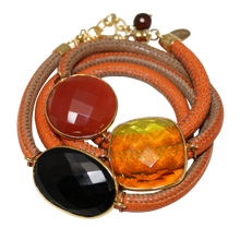 Load image into Gallery viewer, Orange and Beige Italian Wrap Leather Bracelet With Black Spinel, Carnelian &amp; Citrine Quartz - DIDAJ
