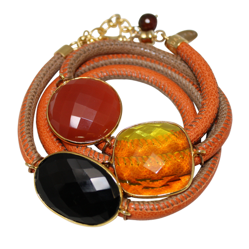 Orange and Beige Italian Wrap Leather Bracelet With Black Spinel, Carnelian & Citrine Quartz - DIDAJ