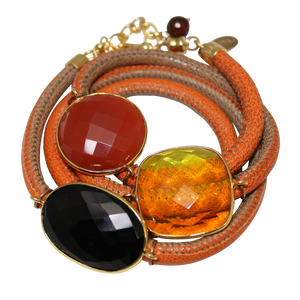Orange and Beige Italian Wrap Leather Bracelet With Black Spinel, Carnelian & Citrine Quartz - DIDAJ