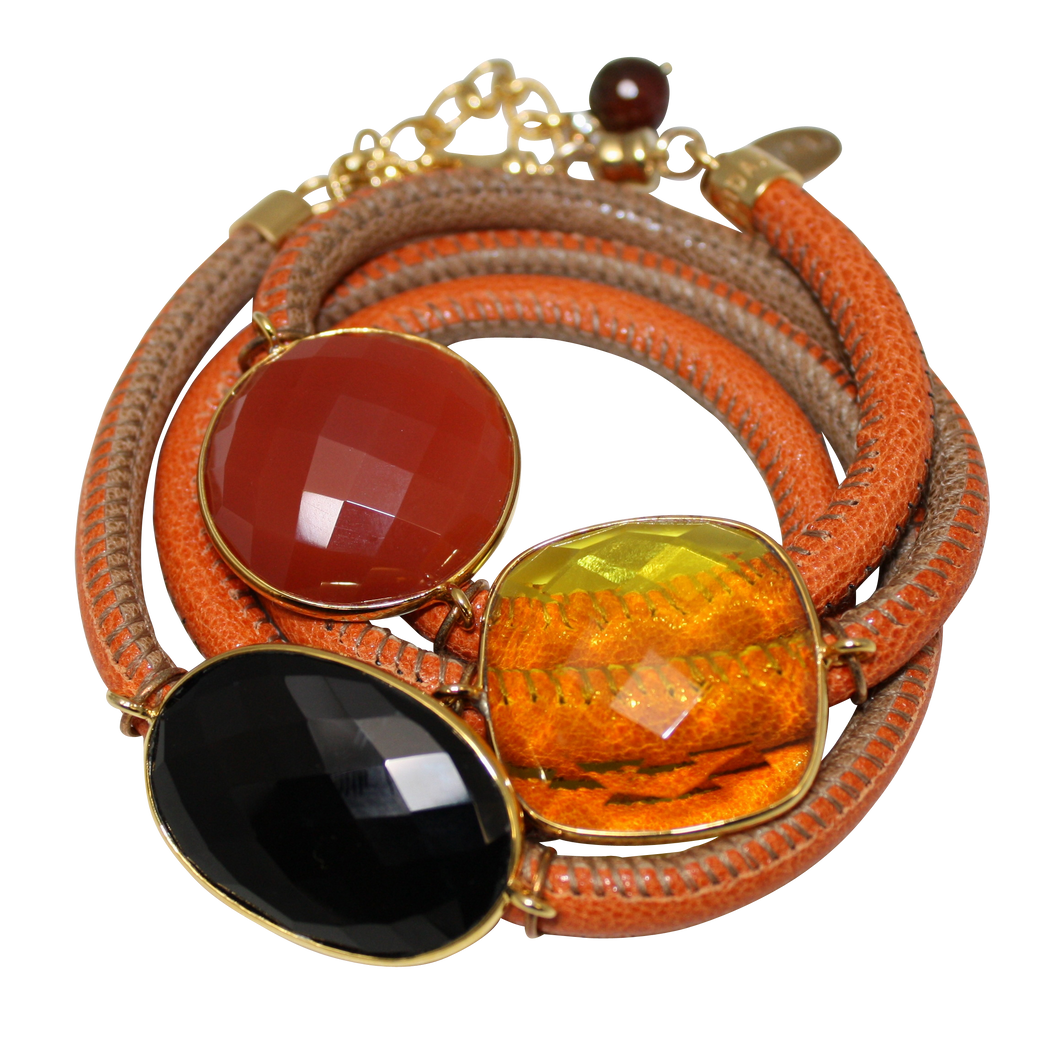 Orange and Beige Italian Wrap Leather Bracelet With Black Spinel, Carnelian & Citrine Quartz - DIDAJ