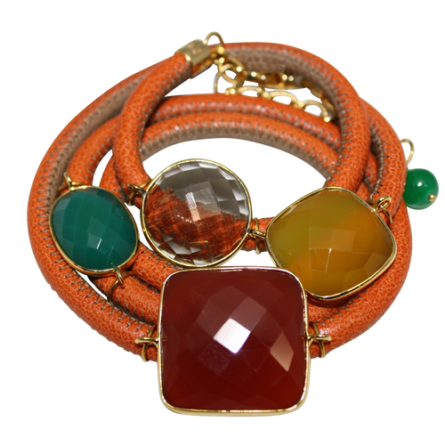 Orange and Beige Italian Wrap Leather Bracelet With Carnelian, Green Onyx, Chalcedony & Smoky Quartz - DIDAJ