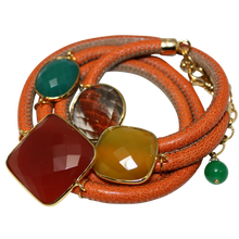 Load image into Gallery viewer, Orange and Beige Italian Wrap Leather Bracelet With Carnelian, Green Onyx, Chalcedony &amp; Smoky Quartz - DIDAJ