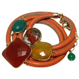 Orange and Beige Italian Wrap Leather Bracelet With Carnelian, Green Onyx, Chalcedony & Smoky Quartz - DIDAJ