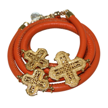 Load image into Gallery viewer, Orange Italian Wrap Leather Bracelet With Yellow Gold Plated Crosses - DIDAJ