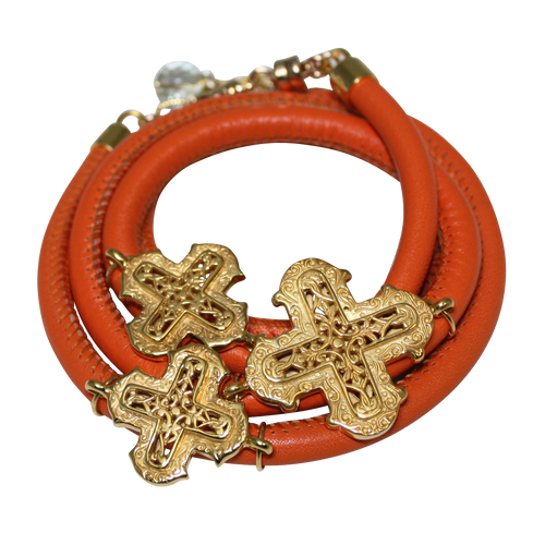 Orange Italian Wrap Leather Bracelet With Yellow Gold Plated Crosses - DIDAJ