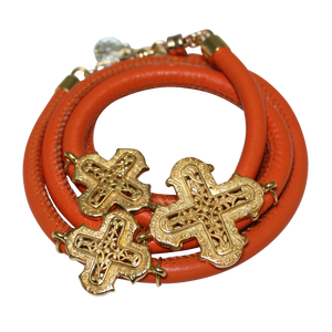 Orange Italian Wrap Leather Bracelet With Yellow Gold Plated Crosses - DIDAJ
