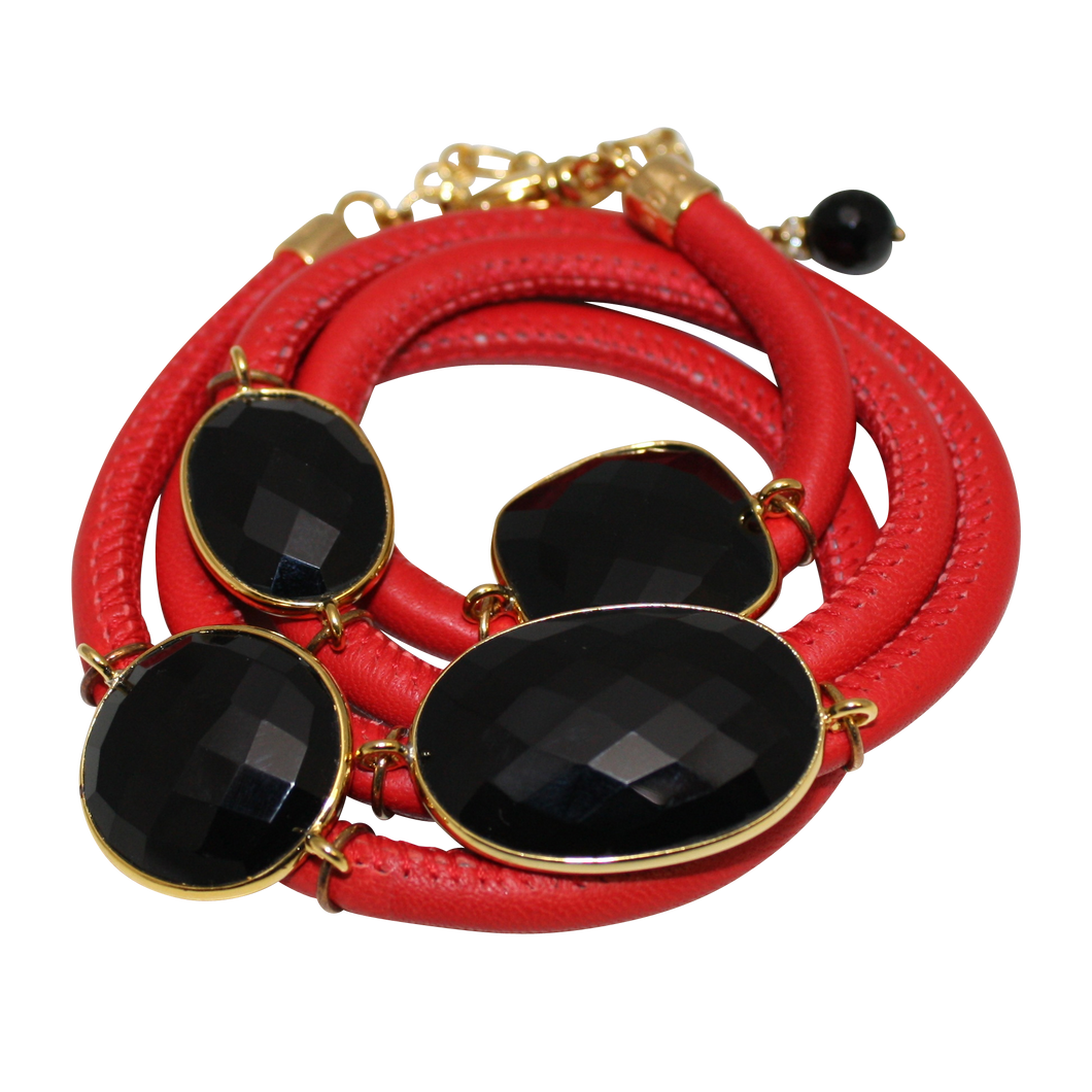 Red Italian Wrap Leather Bracelet With Faceted Black Spinel - DIDAJ