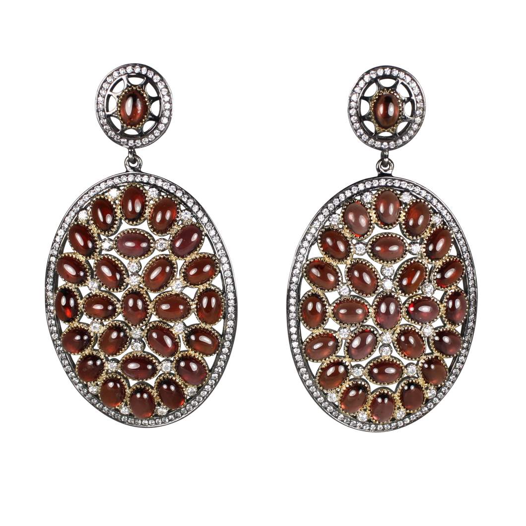 Rhodolite Cabochon Garnet in Gold & Black Rhodium Earrings - DIDAJ