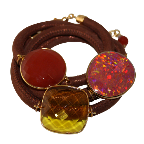 Rusty Orange Italian Wrap Leather Bracelet With Opal, Faceted Carnelian, & Citrine Quartz - DIDAJ