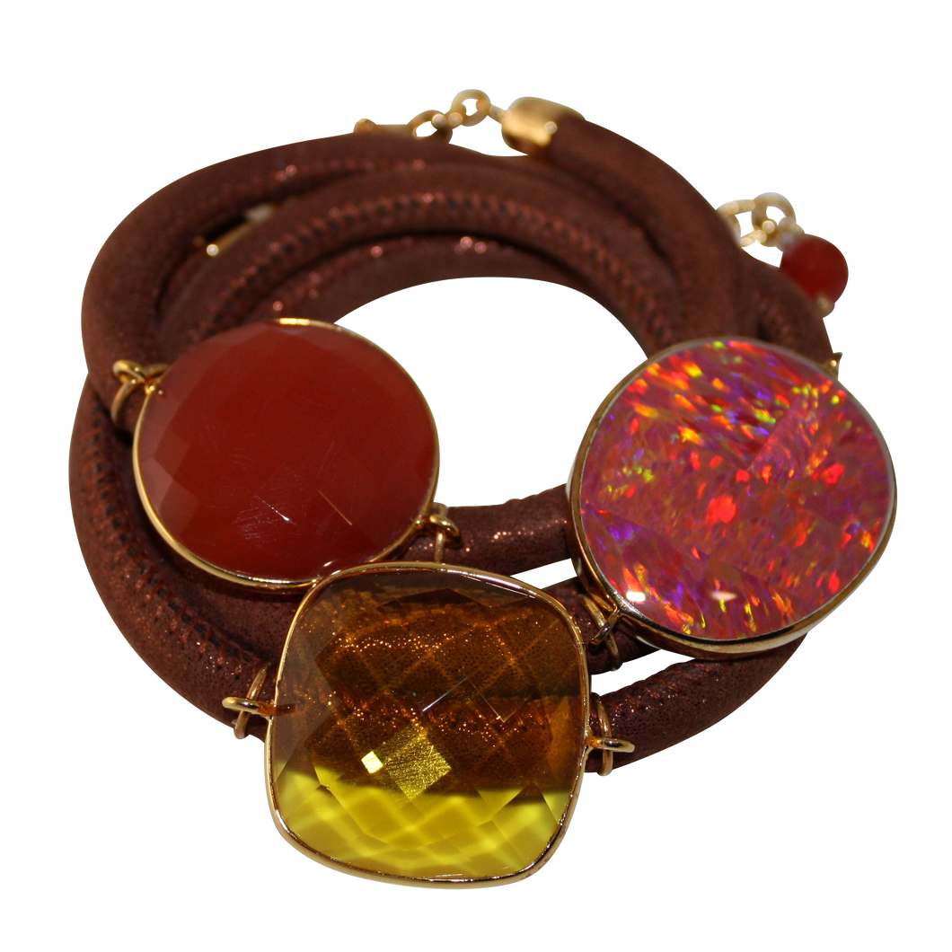 Rusty Orange Italian Wrap Leather Bracelet With Opal, Faceted Carnelian, & Citrine Quartz - DIDAJ