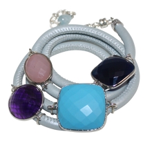 Load image into Gallery viewer, Sky Blue Italian Wrap Leather Bracelet With Turquoise, Blue Onyx, Pink Chalcedony &amp; Amethyst Quartz - DIDAJ
