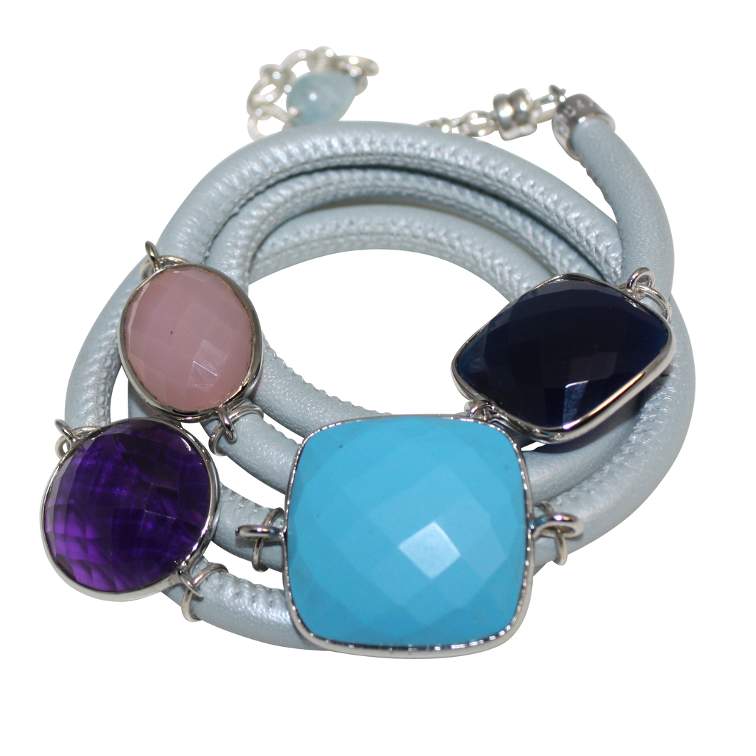 Sky Blue Italian Wrap Leather Bracelet With Turquoise, Blue Onyx, Pink Chalcedony & Amethyst Quartz - DIDAJ