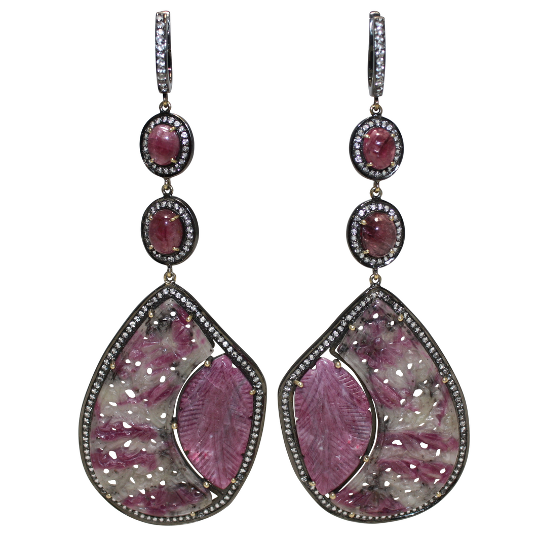 SUPER Long Curved Ruby and Pink Cabochon Tourmaline Earrings - DIDAJ