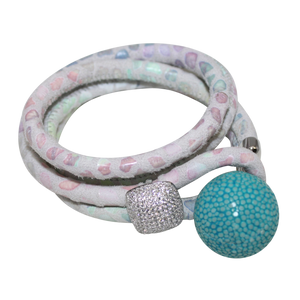 White, Pink & Lavender Italian Wrap Leather Bracelet With CZ Slider & Turquoise Stingray Sphere - DIDAJ
